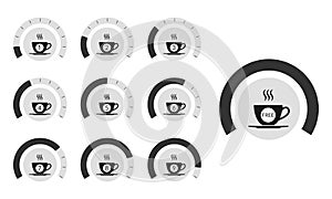 Coffee loyalty card concept with coffee cup icons. Buy 9 cups and get 1 for free. Cafe beverage promotion design template. Vector